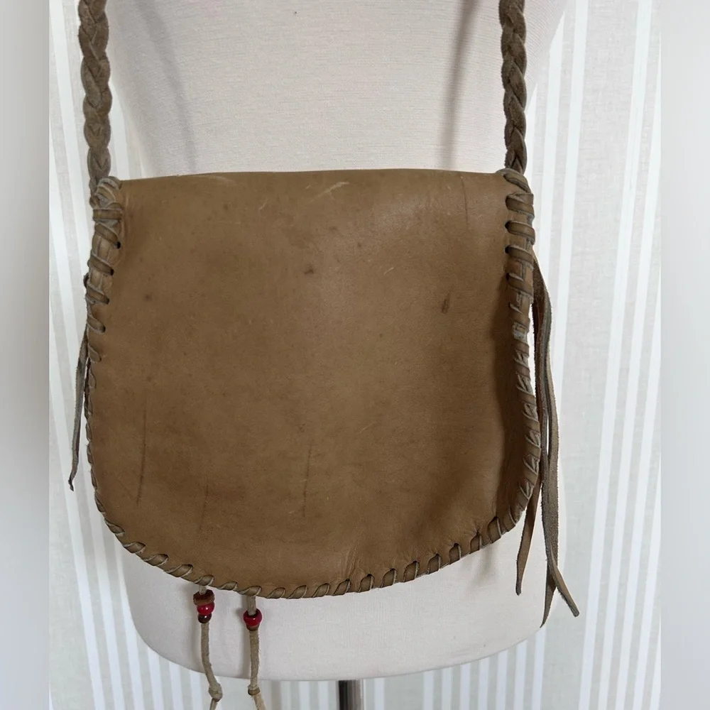 Vintage 70s Southwest Green Leather Crossbody Bag Hand Tooled Braided Handle